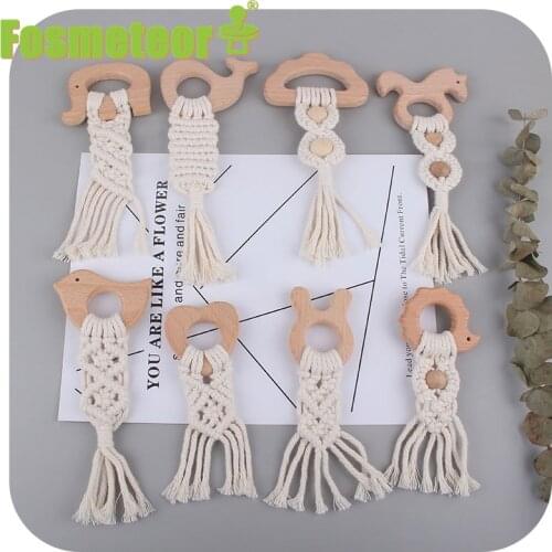 Fosmeteor 1Pcs Handmade Cotton Rope Beech Teether Chewable Baby Molars Wooden Teether Teething Ring Baby Care Products Bite Glue
