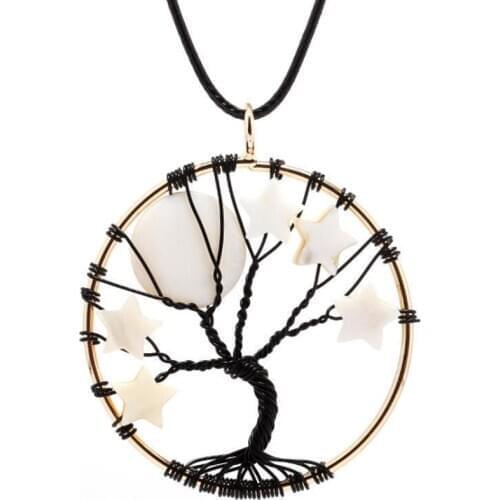 FYJS Unique Light Yellow Gold Color Wire Wrap Black Copper Round Pendant Tree of Life Necklace Moon Star Shell Jewerly