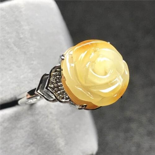 12.5mm Natural Yellow Amber Ring For Woman Lady Man Flower Carved Crystal Silver Beads Gemstone Adjustable Ring Jewelry AAAAA