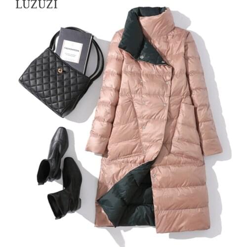 LUZUZI New Women Long Double Sided Down Jacket Winter Turtleneck 90% White Duck Down Coat Warm Parkas -10 Degrees Snow Outwear