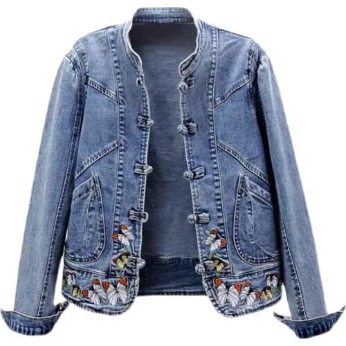 Butterfly Embroidery Denim Jacket Women Autumn Big Size Slim Short Jeans Jackets Stand Collar chinese style Coat Chaquetas Mujer