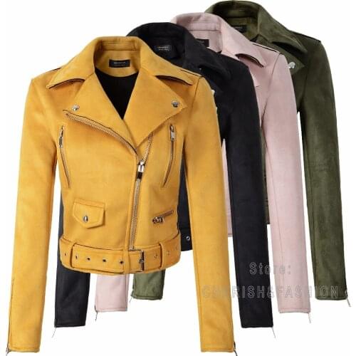New Arrial Women Autumn Winter Suede Faux Leather Jackets Lady Fashion Matte Motorcycle Coat Biker Yellow Pink Black Outwear Hot