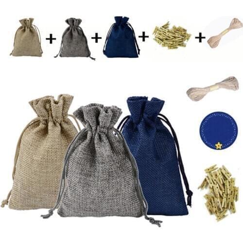 24Pcs Drawstring Natural Burlap Bag Jute Gift Bags Multi Size Jewelry Packaging Wedding Bags with Candy Bag Can Custom Logo