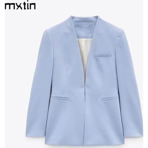 MXTIN 2021 Women Spring Vintage Solid Pockets Jacket Coat Fashion Open Stitch Long Sleeve Office Lady Female Chic Tops Mujer