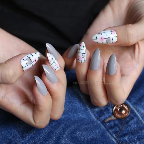 Pattern Pink long Stiletto false nails 24pcs Khaki flash gray nails point Naturally Full set with Stickers Easy to match Red