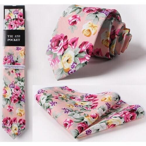 New 6.5cm Slim Cotton Handkerchief And Tie Set Bule Red Colorful Print Floral Skinny Pocket Square Necktie suit Business Ties