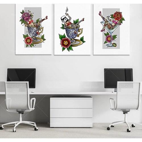 Impression poster, traditional flower girl art printing, teacup printing, smoking woman in teacup decorating home poster