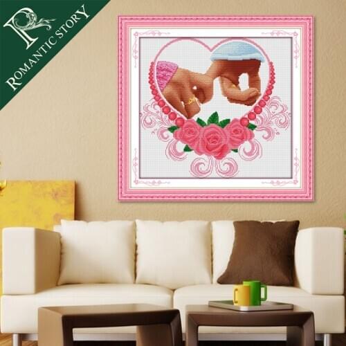 Romantic Story Lovers Fingers With Heart Pink Pattern Needlework Cross Stitch of Living Room Paintings DIY Counted Embroidery