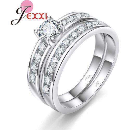 Romantic Couple Rings For Wedding Engagement Exchange Genuine 925 Sterling Silver Women Crystals Rings Sets Bague
