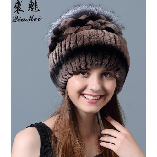 QiuMei Fox Fur Pompom Beanies Winte Hat Real Rex Rabbit Fur Knitted Lining Hat Genuine Natural Rabbit Fur Hat Caps for Women
