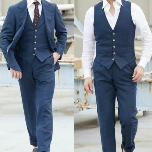 Navy Blue Mens Suit Hot Selling Two Button Peaked Lapel Groom Wedding Prom Party Dinner Tuxedos Custom Made 3 Pieces