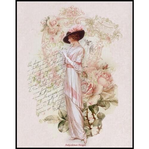 Embroidery Victorian Pink Lady Counted Cross Stitch Wedding Pattern with 100% Cotton Flosses & Free Shipping for Home Wall Decor