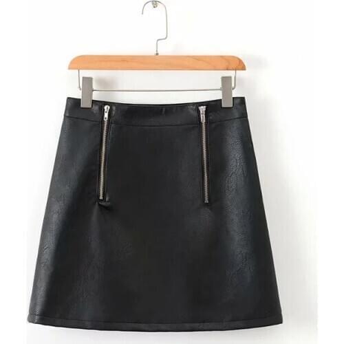 Fashion High Waist Double Zipper Decoration Imitation Leather PU Short Skirt Womens Solid Personality A-Line Skirt
