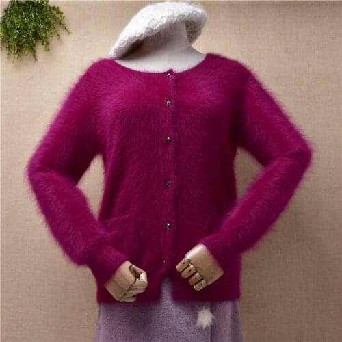 Ladies women pull rose autumn winter hairy plush mink cashmere knitted long sleeves slim cardigan angora fur jacket coat sweater
