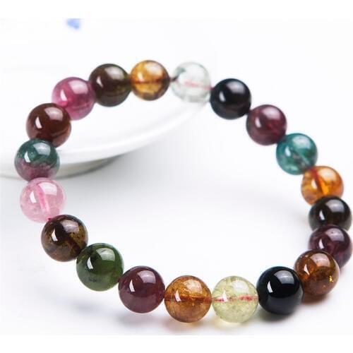 10.5mm Genuine Natural Coloful Tourmaline Gems Stone Crystal Round Bead Stretch Charm Bracelet For Women
