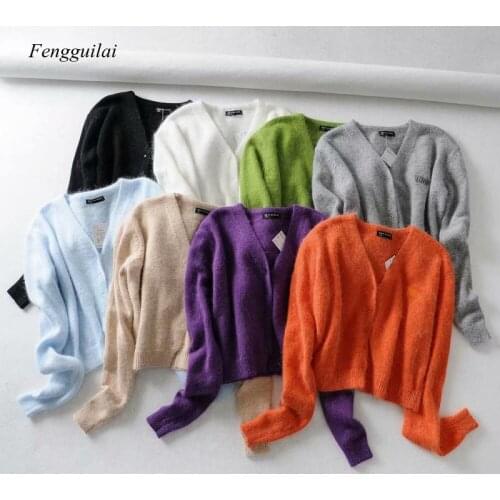 Autumn Womens Fashion Knitted Single-Breasted Cardigan Fluffy Sweater Woman V-Neck Long-Sleeved Pullover