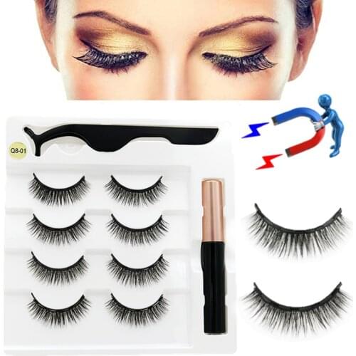 4 Pairs of Magnetic eyelashes Fake eyelashes +Liquid eyeliner and tweezers Eyelash extension tool Eyelash makeup set