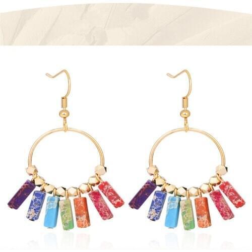 6Pair/Lot Gold plated Bohemian Earrings With Seven Chakra Rainbow Colored Synthetic Emperor Pine And Stone Exaggerated Earrings