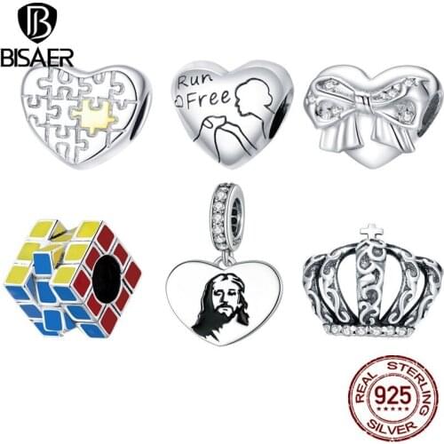 Bisaer New Arrival 100% 925 Sterling Silver Love Heart Bow, Vine Crown Beads Fit Charms Bracelet & Bangle Silver Jewelry ECC1673