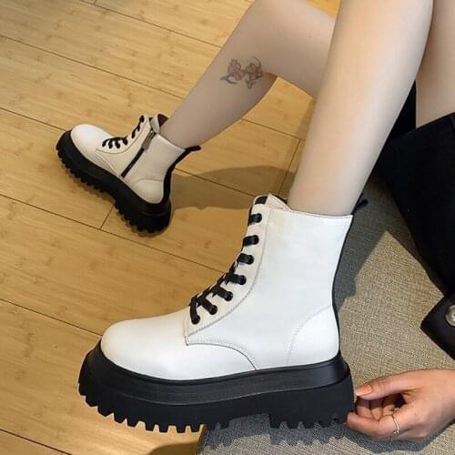 Brand Designer Women White Platform Woman Boots Square Heels Leather Winter Ankle Boots for Women Casual Fashion Side Zip Shoes