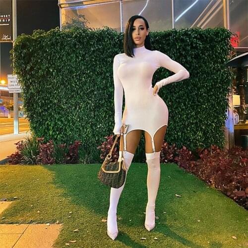 CHRONSTYLE 2020 Sexy Women Dress With Stockings Buckle Pacthwork Dress Club Streetwear Long Sleeve Solid Bodycon Pencil Dresses