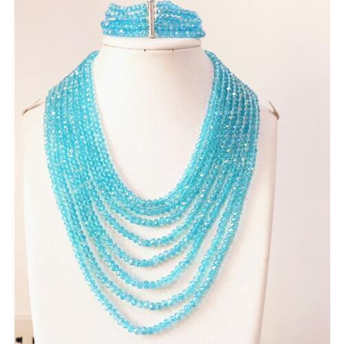 Sky blue crystal glass 4x6mm beads fashion diy jewelry set 8 rows chain nacklace 5 rows bracelet B854