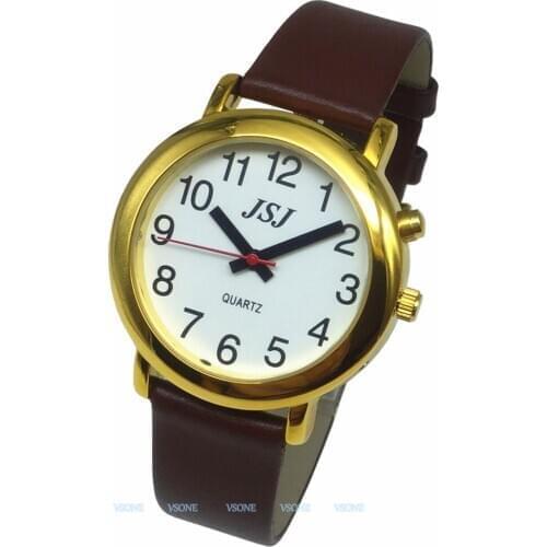 English Talking Watch with Alarm Function, Talking Date and time, White Dial, Brown Leather Band, Golden Case TAG-506