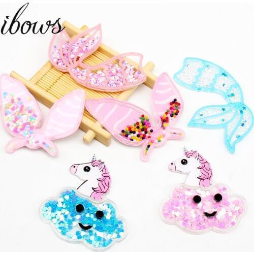 IBOWS Sequins Liquid Quicksand Patches Cute Unicorn Mermaid for DIY Phone Case Hair Bows Accessories Decoration Handmade Crafts