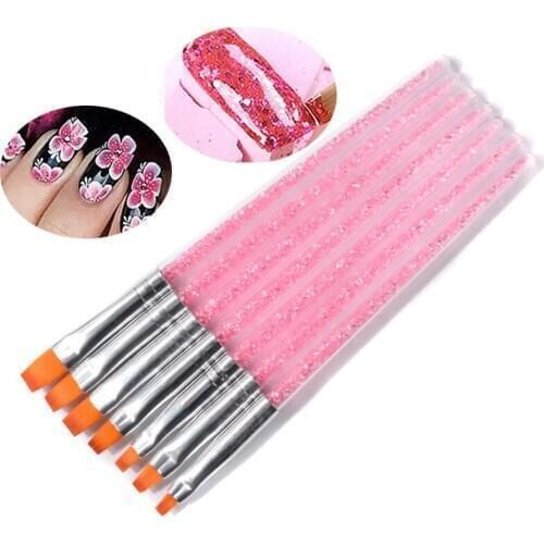 7Pcs Drawing Brush UV Gel Brush Liner Painting Pen Pink Rhinestone Handle Acrylic Builder Nail Art Paint Carving Manicure Tools