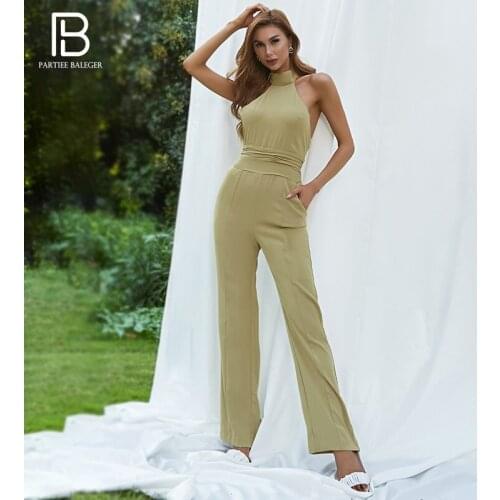PB Trendy Backless Jumpsuit Sexy Sleeveless Stand Collar Lace-up Design Celebrity Party Club Free Shipping