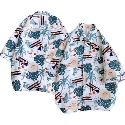 Summer Men Coconut Tree Turndown Collar Half Sleeve Button up Loose Beach Blouse Shirt High Quality Tops