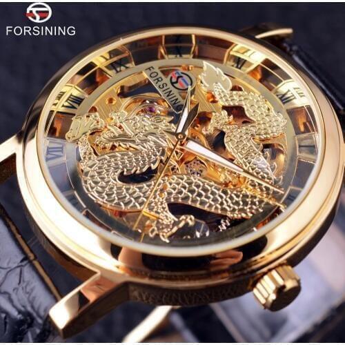 Forsining Chinese Dragon Skeleton Design Transparent Case Gold Watch Mens Watches Top Brand Luxury Mechanical Male Wrist Watch
