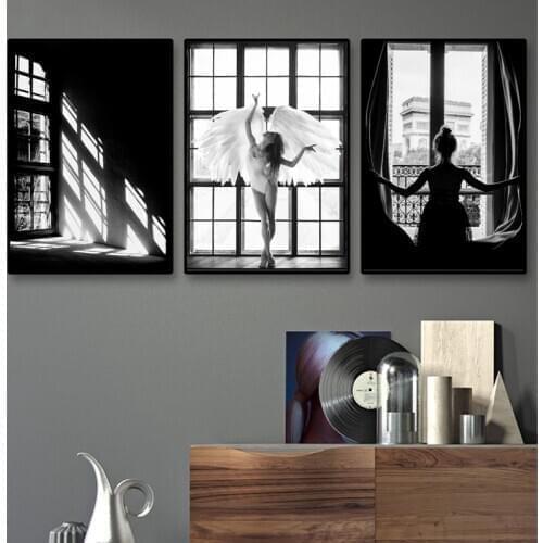 Model Photography Ballerina Angel Poster Black White Prints Girl in Window Canvas Painting Scandinavian Art Boho Wall Decoration
