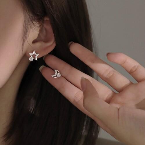 Fashion Simple Stars Moon Stud Earrings for Womens White CZ Crystal Earrings Asymmetry Earrings Fine Jewelry Girls Gifts