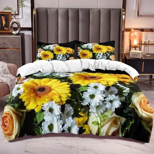 Sunflowers Comforter Cover 3D Flowers Bedding Duvet Cover with White Floral Print Zipper Closure Botanical Theme Duvet Cover