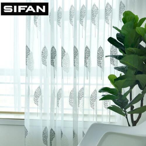 Simple Gray/White Double leaves Embroidered Voile Curtains for the Bedroom Living Room Tulle Window Sheer Curtains