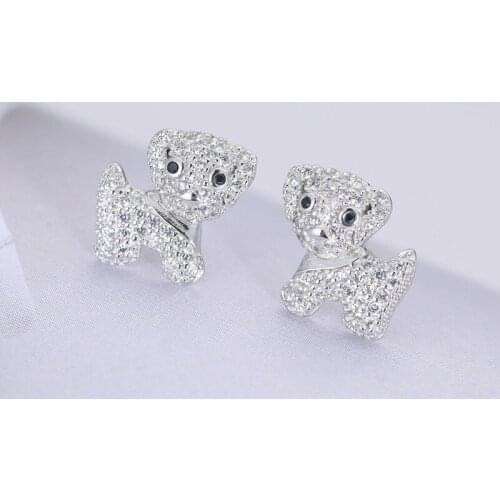 Personality Design Cute Small Dog Rhinestone Stud Earring Fashion Lady Silver Color CZ Crystal Earring for Women Wedding Jewelry