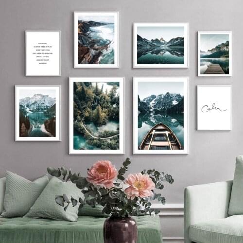 Calm Lake Boat Mountain Sea Cliff Bridge Quotes Nordic Poster Wall Art Print Canvas Painting Decoration Pictures For Living Room
