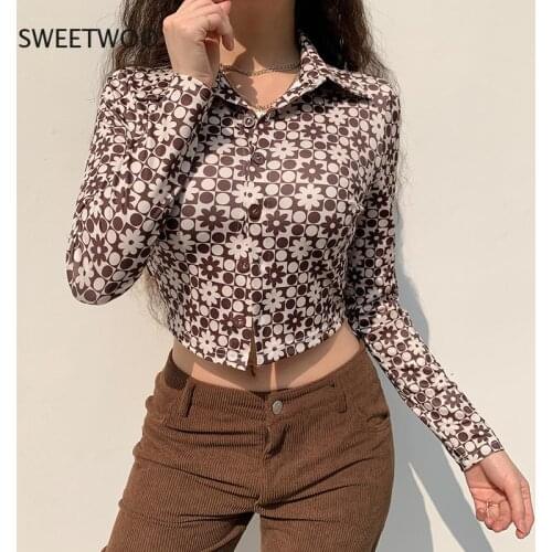 Long Sleeve Crop Top Women Brown Vintage Summer Spring V Neck Casual Sexy Fashion Basic T Shirts 90S