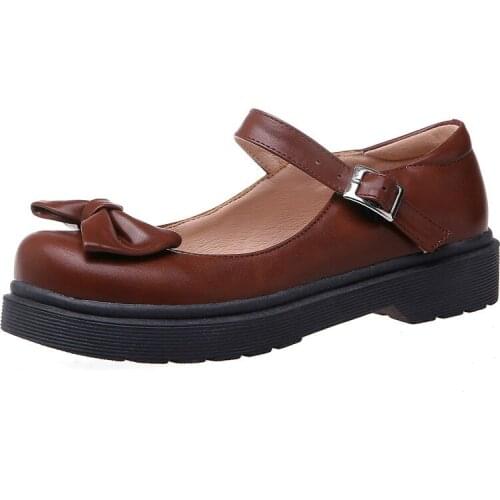 Flats Women Shoes Sweet Bow Flat Mary Janes Shoes Platform Buckle Round Toe Casual Spring Shoes Female Black Red Plus Size 33-43