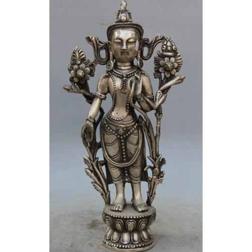 Decoration bronze factory outlets Tibet Silver 14"Tibet Buddhism Silver Stand Padmapani Lokeshvara Tara Boddhisattva Statue