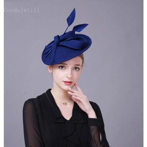 Vintage formal dress women fedora cap wool felt fascinator hat for ladies church cocktail race millinery cap with headband hat