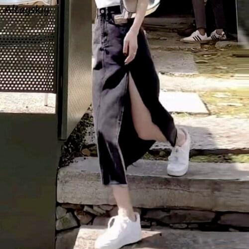 Skirts Women Korean Style Side-slit Solid Color Skinny Elegant Female Ladies Slim Black Leisure Vintage Streetwear Chic Preppy