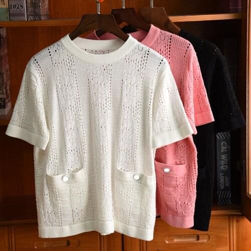 Summer Fashion womens Hollow-out pockets Tee Tops High quality elegant knitted T-shirts C013