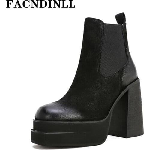New Fashion Autumn Winter Chunky High Heels Thick Platform Genuine Leather Black Dress Casual Shoes Woman Ankle Boots Size 34-40