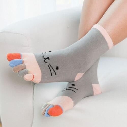 Female Five Finger Socks Cotton 5 Toe Sweat Elastic Cartoon Lovely Kawaii Womens Socks With Separate Toes