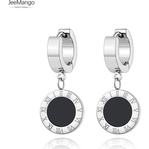 JeeMango Black Shell Roman Numerals Circle Hoop Earrings Titanium Steel Rose Gold Engagement Wedding Earrings For Women JE18114