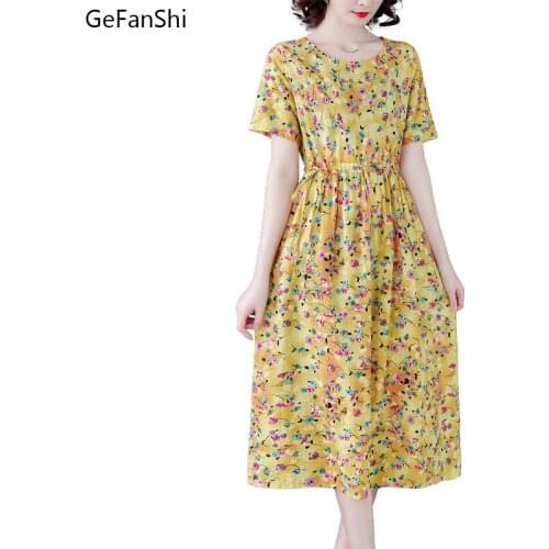 New Summer Womens Dress Floral Print Short Sleeve O-neck Casual Loose Fashion Cotton Linen Office Elegant Ladies Dresses