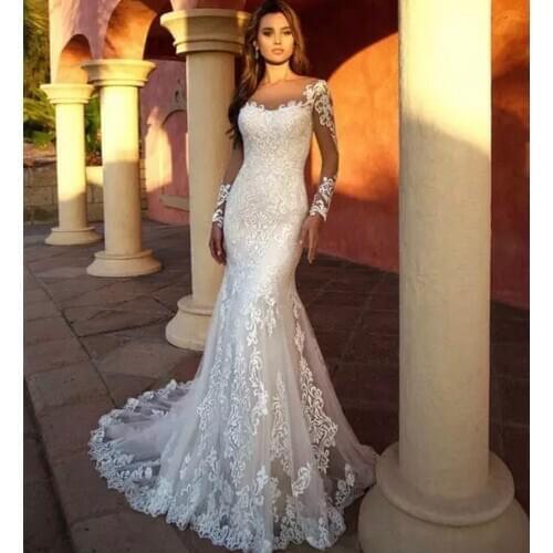 Gorgeous Wedding Dress Mermaid Sheer Neck Full Sleeve Lace Appliques Sequined Button Floor Length Sweep Train Bride Gown 2021