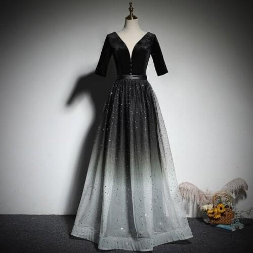 Evening Dress Elegant Deep V-Neck Empire Half Sleeves A-Line Simple Floor-Length Sequins New Party Formal Dresses Woman B1086